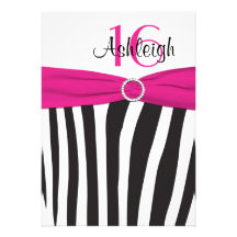 Pink, Black, White Zebra 16th Birthday Invitation