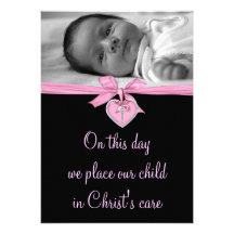 Pink Bow Baby Girl Photo Christening Personalized Invitation