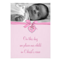 Pink Bow Cross Baby Girl Photo Christening Invites