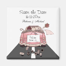 Pink Bride and Groom Getaway car "Save the Date" Magnets