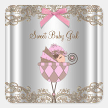 Pink Brown Carriage Baby Shower Label Sticker