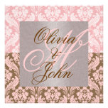 PINK & BROWN DAMASK Elegant Wedding Invitation