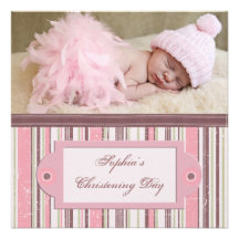 Pink Brown Girl Photo Christening Announcement
