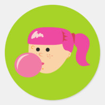 Pink Bubble Gum Girl Round Sticker