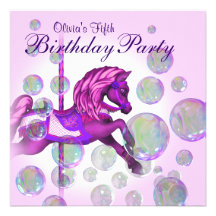 Pink Bubbles Carousel Pony Girls Birthday Party Custom Invites