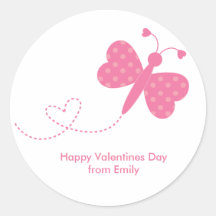 Pink Butterfly Valentines Day Round Stickers