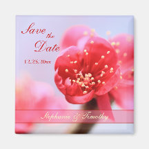 Pink cherry blossom flower wedding save the date fridge magnet
