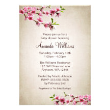 Pink Cherry Blossoms Vintage Tan Baby Shower Personalised Invitations