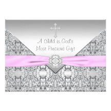 Pink Cross Baby Girl Baptism Christening Invitation