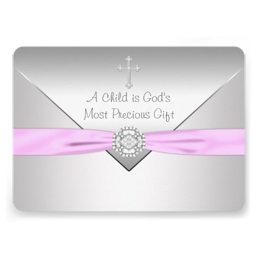 Pink Cross Baby Girl Christening Announcement