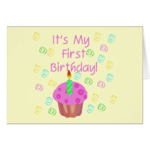 Pink Cupcake With Candle First Birthday Card