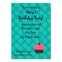 Pink cupcake with turquoise flowers pattern personalised announcements