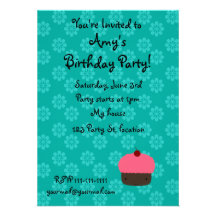 Pink cupcake with turquoise flowers pattern personalized invite