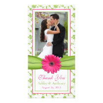 Pink Daisy Green Floral Ribbon Wedding Thank You photo cards