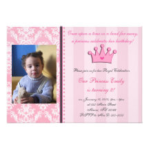 Pink Damask And Stripes Princess Photo Invitation