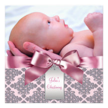 Pink Damask Baby Girl Photo Christening Personalised Announcement