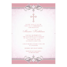 Pink Damask Cross First Communion Personalized Announcement