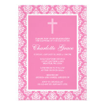 Pink Damask Cross Girl Baptism Christening Invites