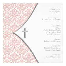 Pink Damask Cross Girls Baptism Christening Personalised Invites