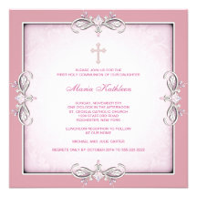 Pink Damask Cross Girls Pink First Communion Announcement