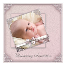 Pink Damask Girls Photo Christening Personalised Announcement