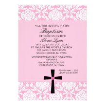 Pink Damask Heart BaptismInvitation