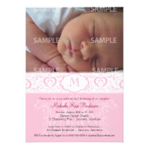 Pink Damask Monogram Baptism/Christening Custom Announcements