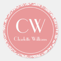 Pink Damask Monogram Round Stickers
