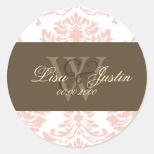 Pink Damask monogram wedding stickers