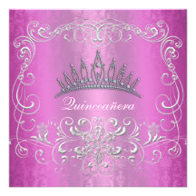 Pink Damask Quinceanera Diamond Tiara Invite