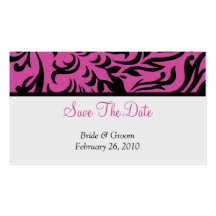 Pink Damask Save The Date Business Cards