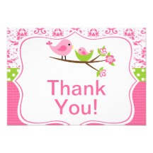 Pink Damask Thank you note cards with birds