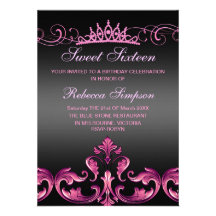 Pink Damask & Tiara Birthday Invitation