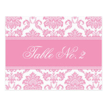 Pink Damask Wedding Table Number Post Cards