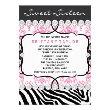 Pink Damask Zebra Sweet Sixteen Birthday Party Personalized Invitations