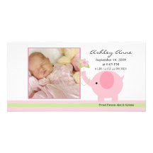 Pink Elephant Baby Girl Birth Annoucement Customized Photo Card
