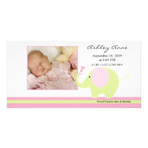 Pink Elephant Baby Girl Birth Annoucement Photo Card