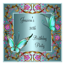 Pink Floral Teal Blue Butterfly 30th Birthday Invite