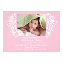 Pink Flourish New Baby Birth Annoucement Custom Invitation