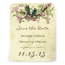 Pink Flower Branch Vintage Teal Bird Save the Date Personalised Invite