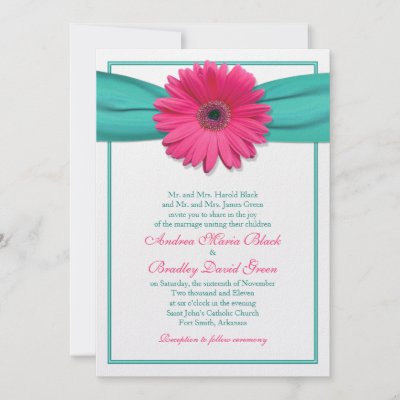 Pink Gerbera Daisy Turquoise Wedding Invitation by wasootch