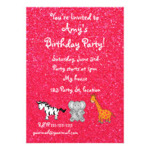 Pink glitter animals birthday invitations