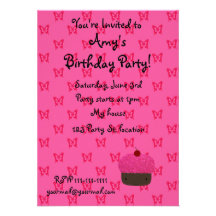 Pink glitter cupcake pink butterflies personalised invite