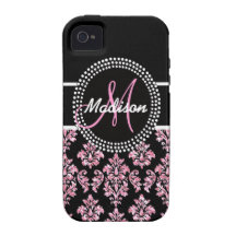 PINK GLITTER PRINTED, BLACK DAMASK YOUR MONOGRAM iPhone 4/4S CASES