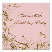 Pink Gold Flower Butterfly Womans 60th Birthday Custom Announcements