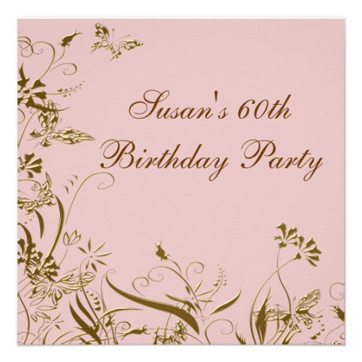 Pink Gold Flower Butterfly Womans 60th Birthday Custom Announcements
