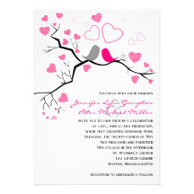 Pink, Gray Lovebirds & Hearts Wedding Invitation