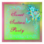 Pink Green Neon Grunge Butterfly Sweet 16 Birthday Announcement