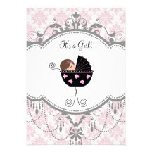 Pink Grey Damask Baby Girl Shower Invitations