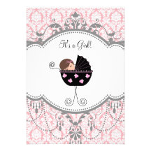 Pink Grey Damask Baby Girl Shower Invitations